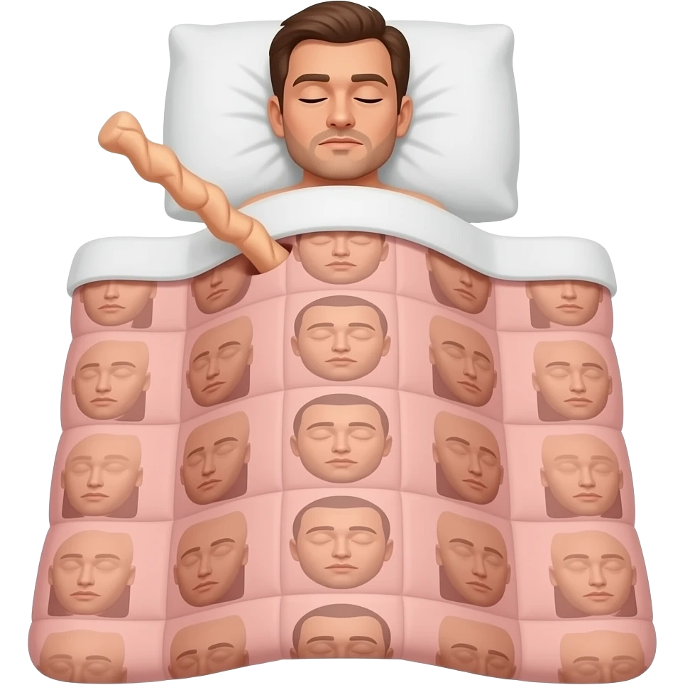A man sleeping with a peach wrinkled stick coming out his blanket covered with human skin emoji