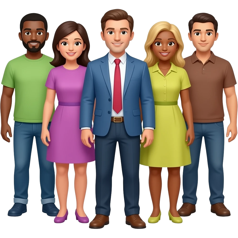 Minimalist flat design icon of a group of full-body diverse people standing together, representing general population, inclusive and modern style, soft gradient (blue, green, and orange), no text, transparent background emoji