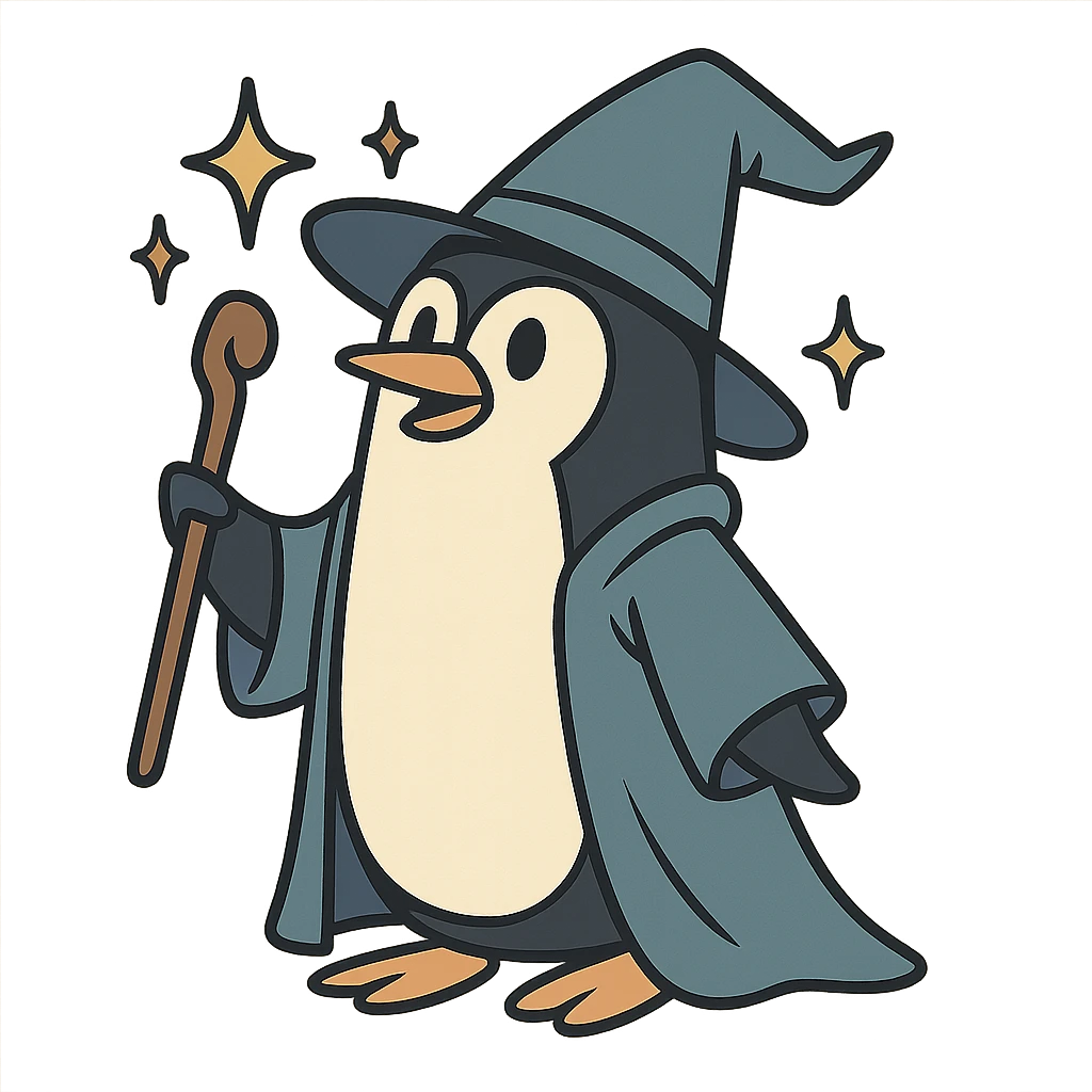 flat cartoon style penguin wizard with a pointed hat and sparkles emoji