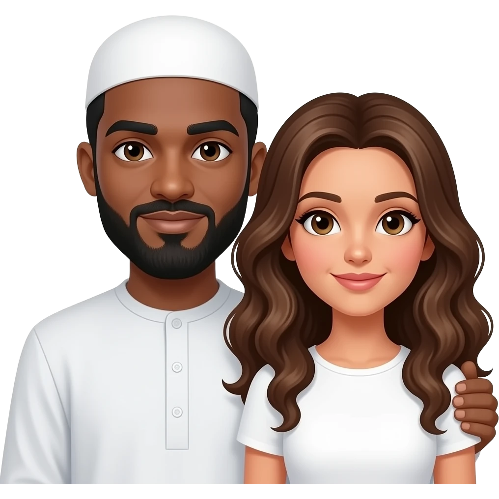 No mustache Black bald bearded but with no mustache, Muslim man, bald, no hat, holding a white, long curly brown haired white female  No mustache on man With a bald head with nothing on his head With no hat on his head only skin showing on his bald head Square standard square Muslim hat White female emoji