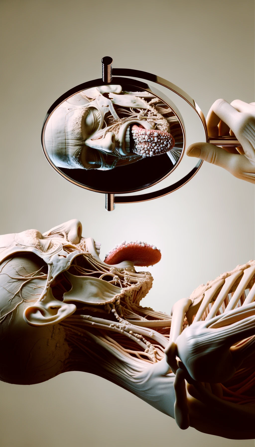 CORPO UMANO ANATOMICO IN PIEDI  A FIGURA INTERA CHE SI GUARDA LA LINGUA ALLO SPECCHIO , TIENE LA LINGUA FUORI E LA LINGUA è PIENA DI MACCHIE BIANCASTRE, NEUTRAL CLEAR BACKGROUND, iperrealistico 4k emoji