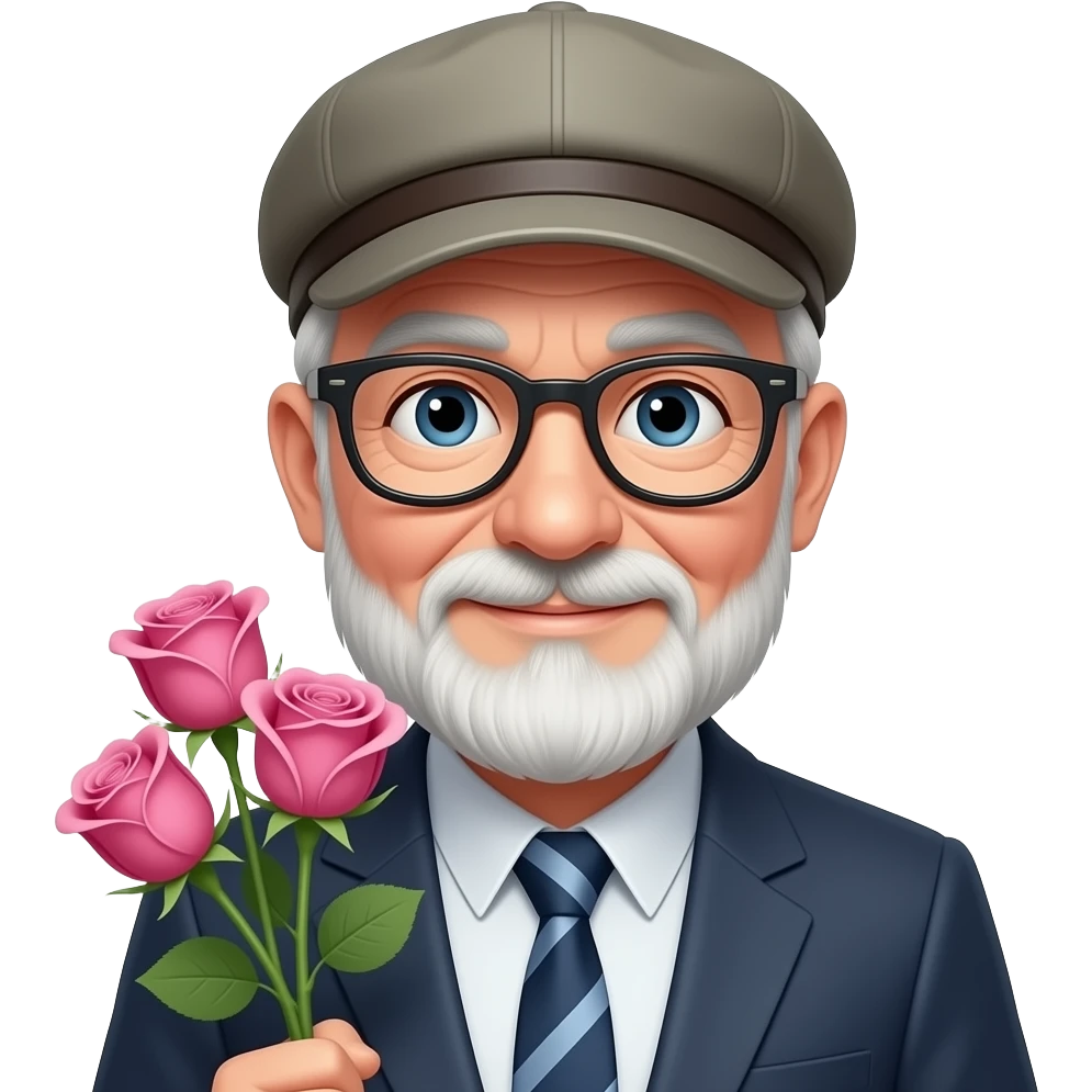 old Man,specs, cap,  Holding Pink Roses closeup, bust size emoji
