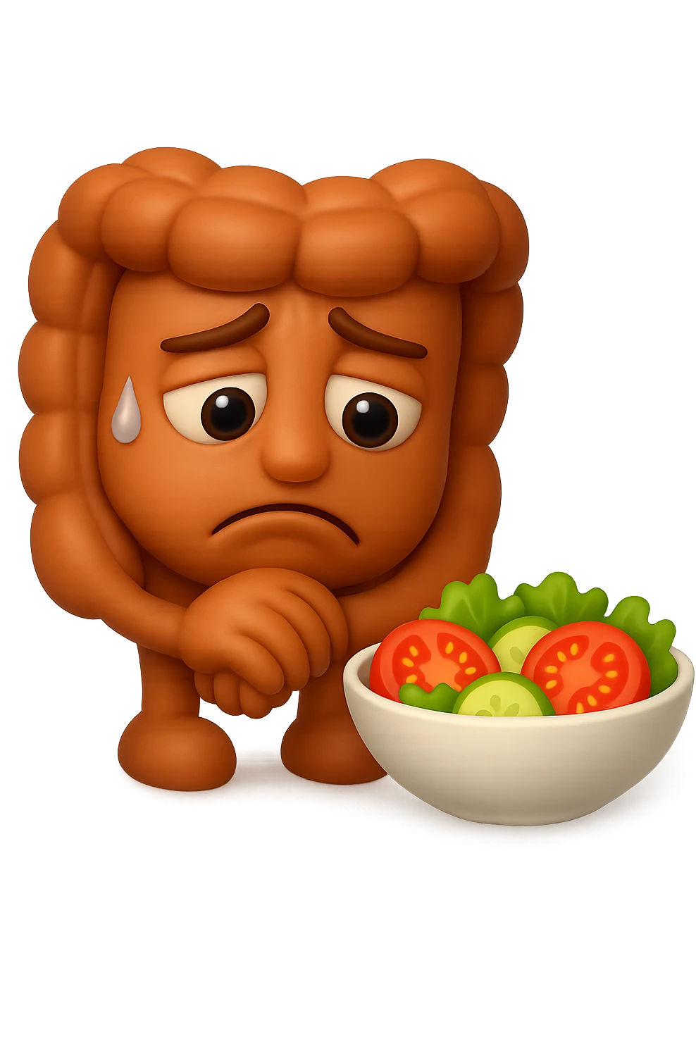 EMOJI STILE IPHONE DI UN INTESTINO UMANO ANATOMICO CHE GUARDA UN INSALATA CON ESPRESSIONE TRISTE E RASSEGNATA IN VOLTO: SOFFRE LA FAME PERCHé è A DIETA, FAGLI ANCHE LA PARTE BIANCA DEGLI OCCHI, NON SOLO LE PUPILLE, IPERREALISTICO 4K emoji