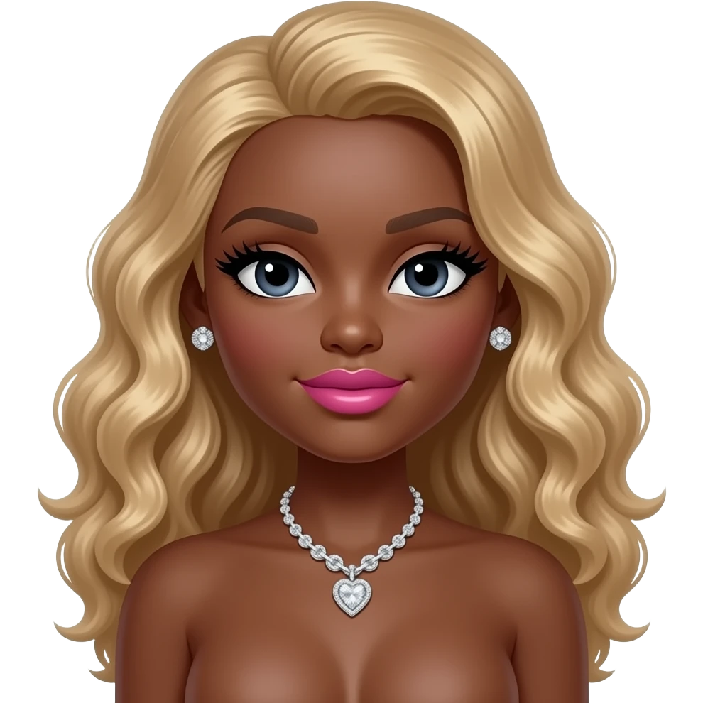 Black girl, Pink big lips, black doll eyes, dark brown skin, Long giant lashes,Doll faced shaped, silver Swarovski heart necklace, big diamond earrings studs, bimbo, black doll eyes, barbie, darker brown skin with long curly blonde hair, big breast, no bra emoji