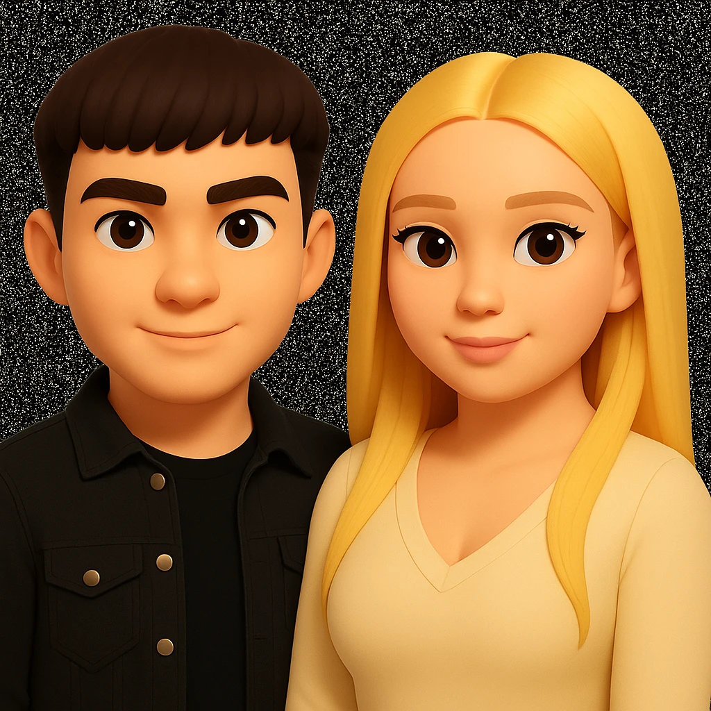 Slightly increase the volume of the upper body of the girl, slightly turn her to face forward, and make the skin color uniform. Maintain the cartoonish 3D style as in the reference image. emoji