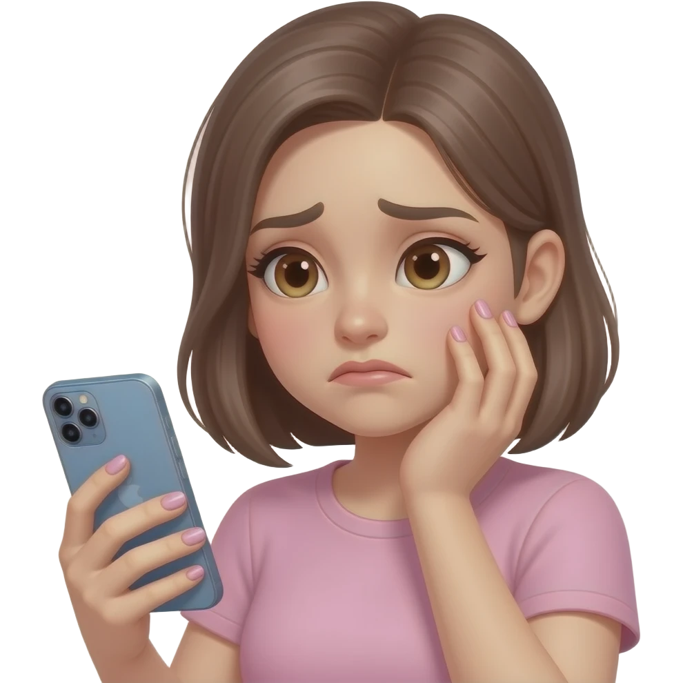 aesthetic emoji girl, slightly stressed expression, holding a smartphone in one hand, distracted, trendy nail art, soft pink and nude tones, minimal makeup, clean background, soft lighting, girly aesthetic, 3D emoji style, high detail emoji