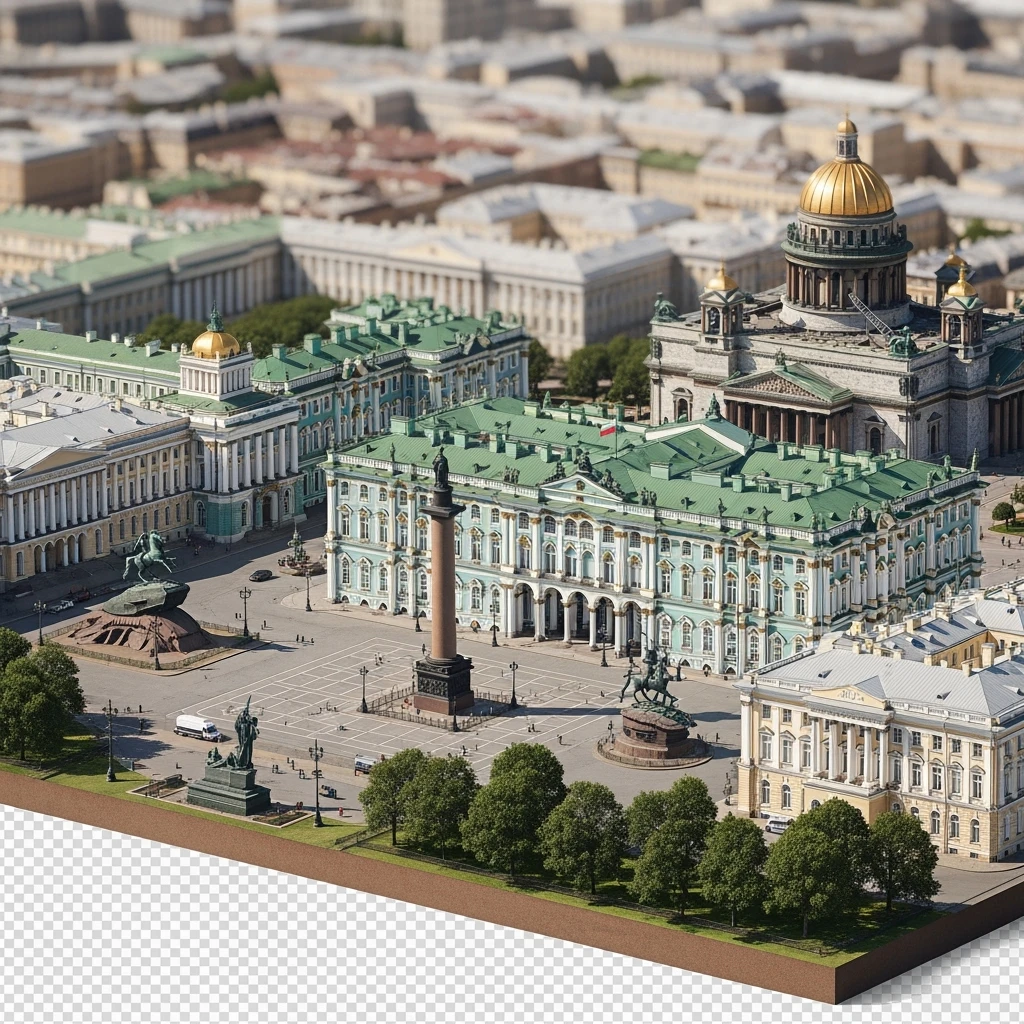 Изометрическая модель Санкт-Петербурга, в центре композиции Зимний дворец с Дворцовой площадью и Александрийский столп, фотореалистичный Исаакиевский собор, памятник Петру I, Адмиралтейство, здание Сената баланс между стилизацией и реализмом, эффект рисованной миниатюры Tift shift, прозрачный фон. emoji