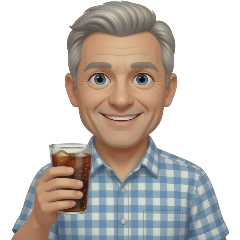 KEEP THIS MAN- CLEAN SHAVEN MAKE HIM SMILING AND MESS UP HIS HAIR -MAKE HIM IN HIS 50S- GIVE HIM A COLLARED SHIRT AND BLOND SALT AND PEPPER HAIRSHOW ME A WHITE MAN --WITH A ROUND FACE-- HOLDING A CUP OF SODA emoji