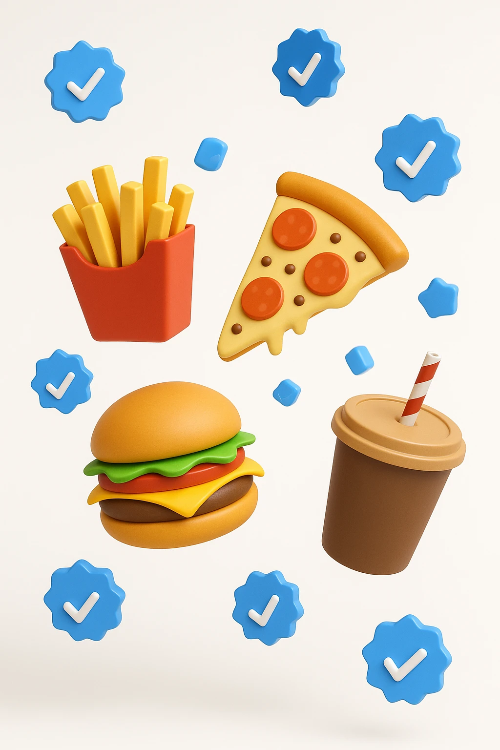 fast food fluttua in aria insieme a spunte di verificato in 3d, sfondo bianco emoji