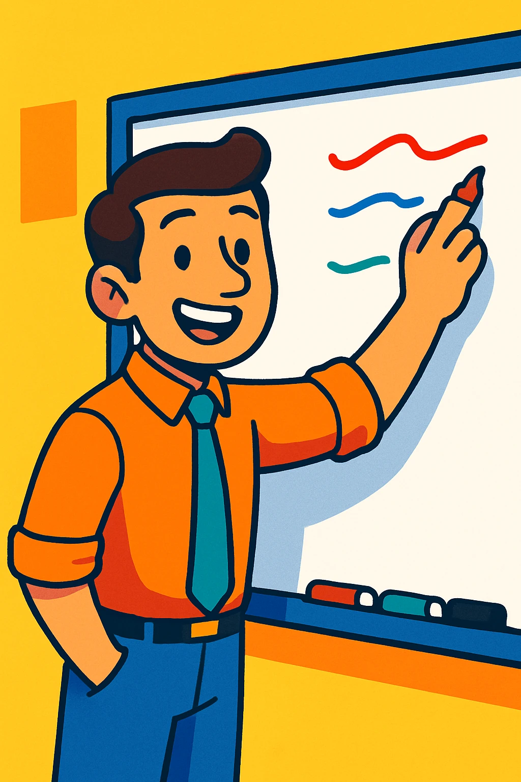 cheerful male teacher writing on a white board, cartoon style, vibrant colors emoji