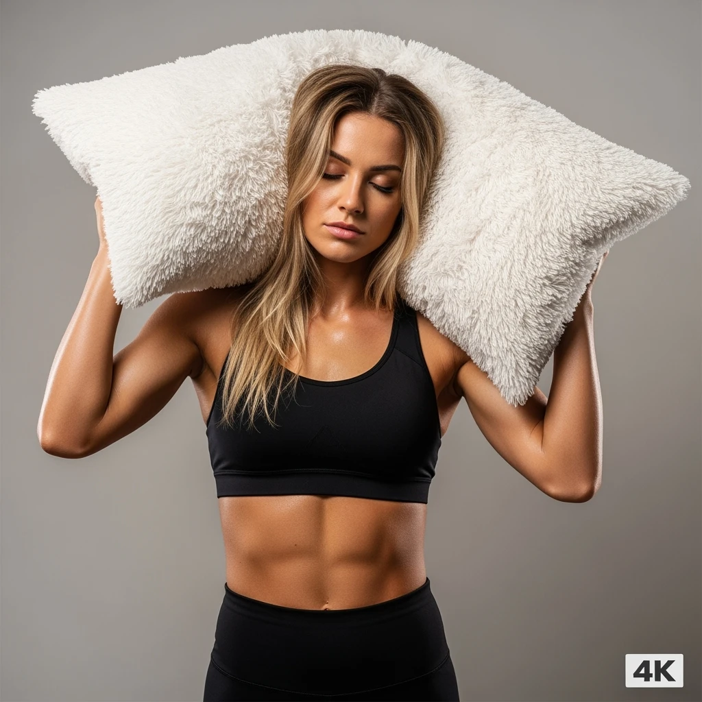 DONNA FITNESS IN PIEDI CON CUSCINO DIETRO LA TESTA MENTRE PROVA A DORMIRE, IPERREALISTICA 4K, SENZA SFONDO emoji