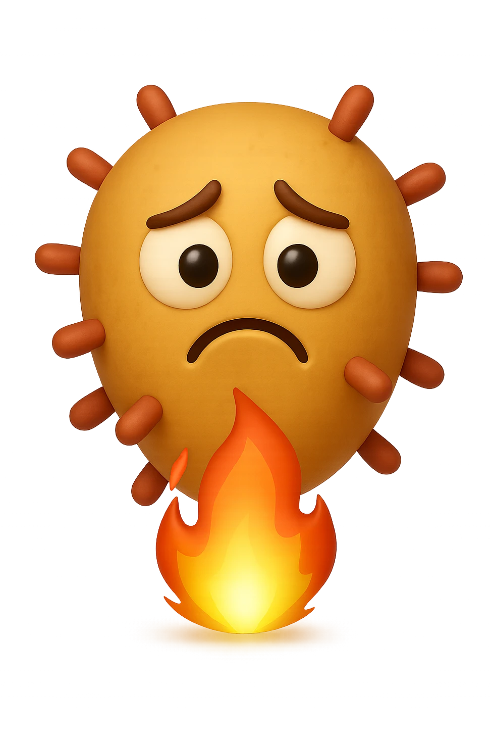 EMOJI STILE IPHONE 3D DI BATTERI INTESTINALI 3D CON ESPRESSIONE TRISTE  IN VOLTO MENTRE SOTTO DI LORO BRUCIA UNA FIAMMA, FAGLI ANCHE LA PARTE BIANCA DEGLI OCCHI, NON SOLO LA PUPILLA emoji