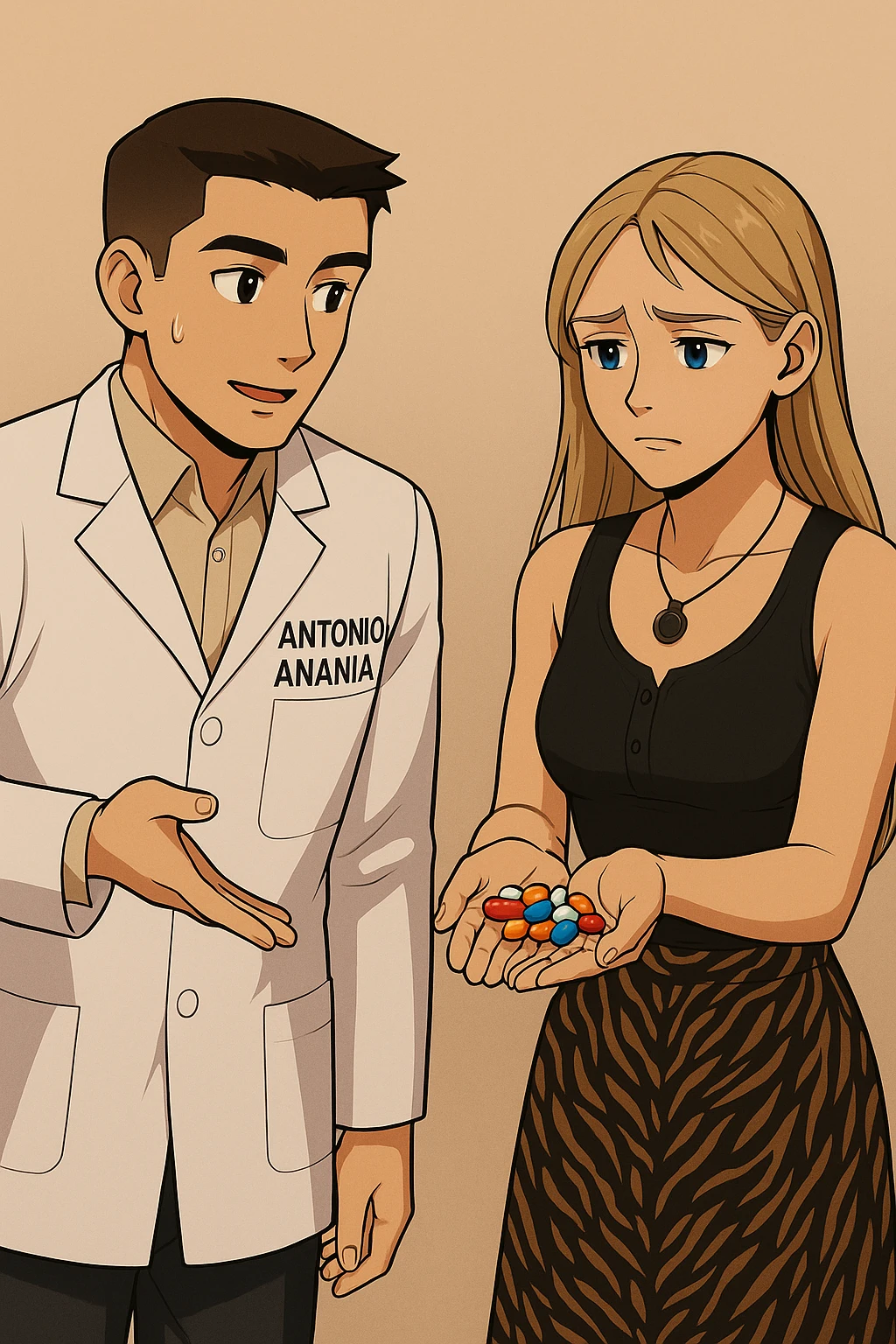 fai un webtoon/manga a colori con questo kinesiologo in camice bianco (fagli la scritta "ANTONIO ANANIA" SUL CAMICE) CHE PARLA CON QUESTA RAGAZZA CON GLI OCCHI AZZURRI. la ragazza gli fa una domanda preoccupata e IL KINESIOLOGO CON IL CAMICE BIANCO LE risponde. NON FARE I FUMETTI, FAI SOLO LORO COME SE DIALOGASSERO emoji