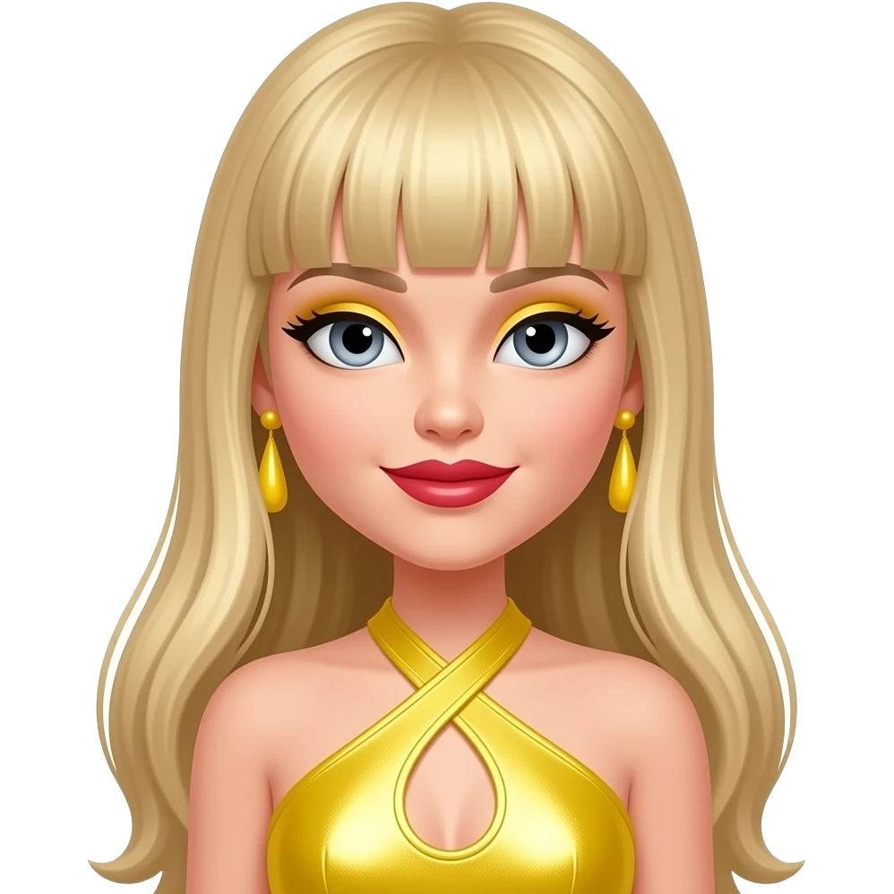 Raya from Bratz with grey eyes, long blonde hair with bang, yellow eyeshadow, red lipstick, yellow metallic halter dress, yellow earrings emoji