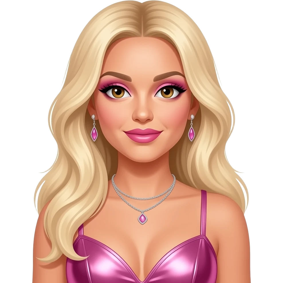 Britney Spears with brown eyes, long blonde hair, pink eyeshadow and lipstick, pink metallic pop tour outfit, necklace and earrings emoji