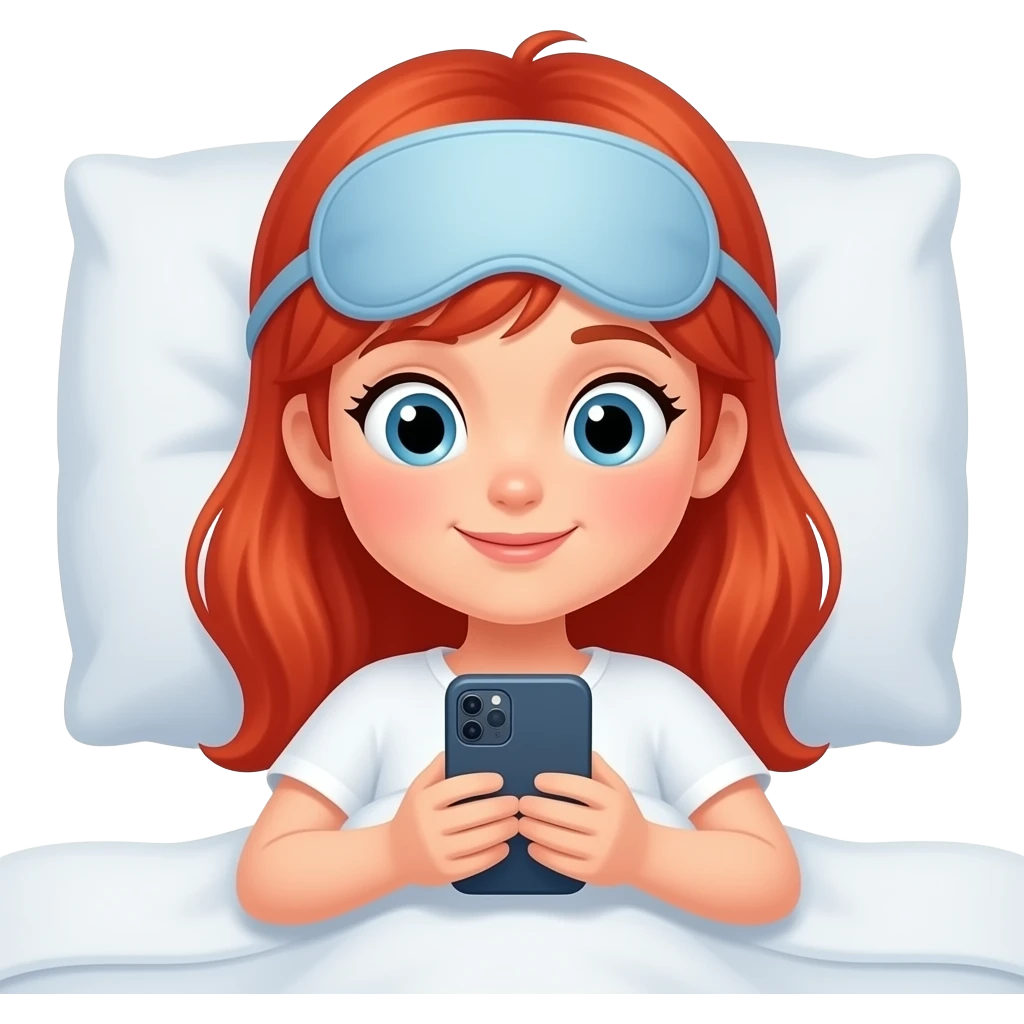 Red hair girl eye mask on head in bed waking up looking at phone emoji