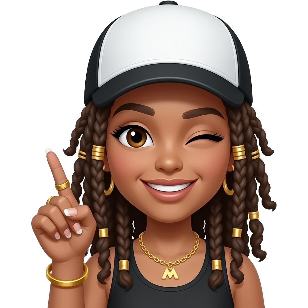 girl wearing a black & white trucker cap dreads,curly ends, gold hair charms & accessories. big sneaky smile winking one eye the other  closed. one hand showing, point & thumb fingers  touching, long nails French manicure, gold M ring,  gold thumb ring, had a gold bangle bracelet emoji