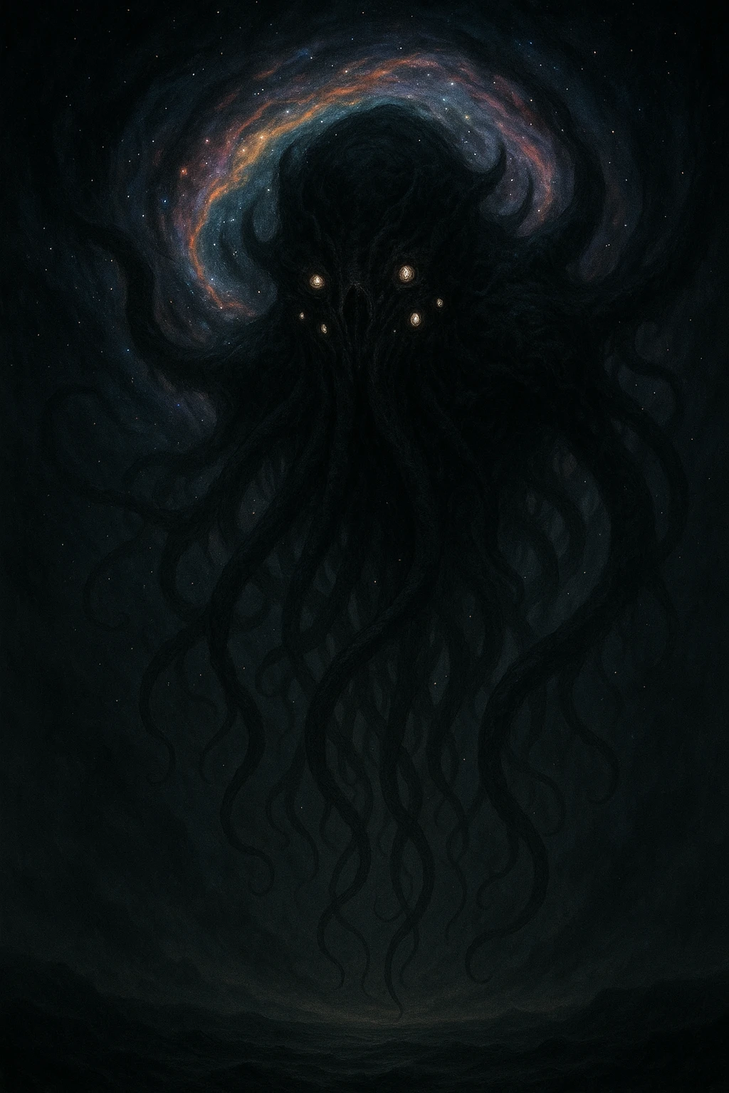 gigantic eldritch horror looming from a rift in the sky, swirling colors and stars, otherworldly and menacing, cosmic horror illustration emoji