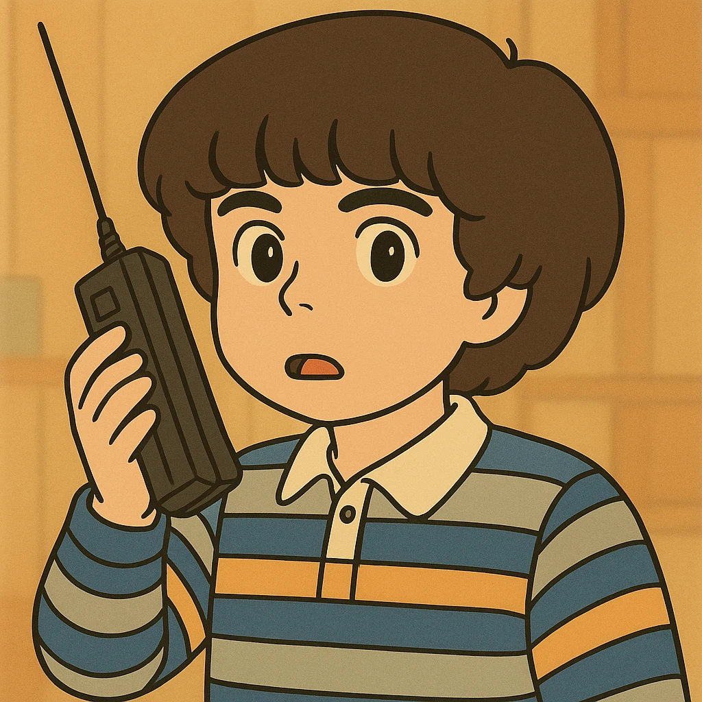 Variação do Mike Wheeler com cabelo de tigela mais volumoso, traço simples e delicado, colorido em tons pastel, contornos bem grossos e escuros, estilo Ghibli, formato 1:1 emoji