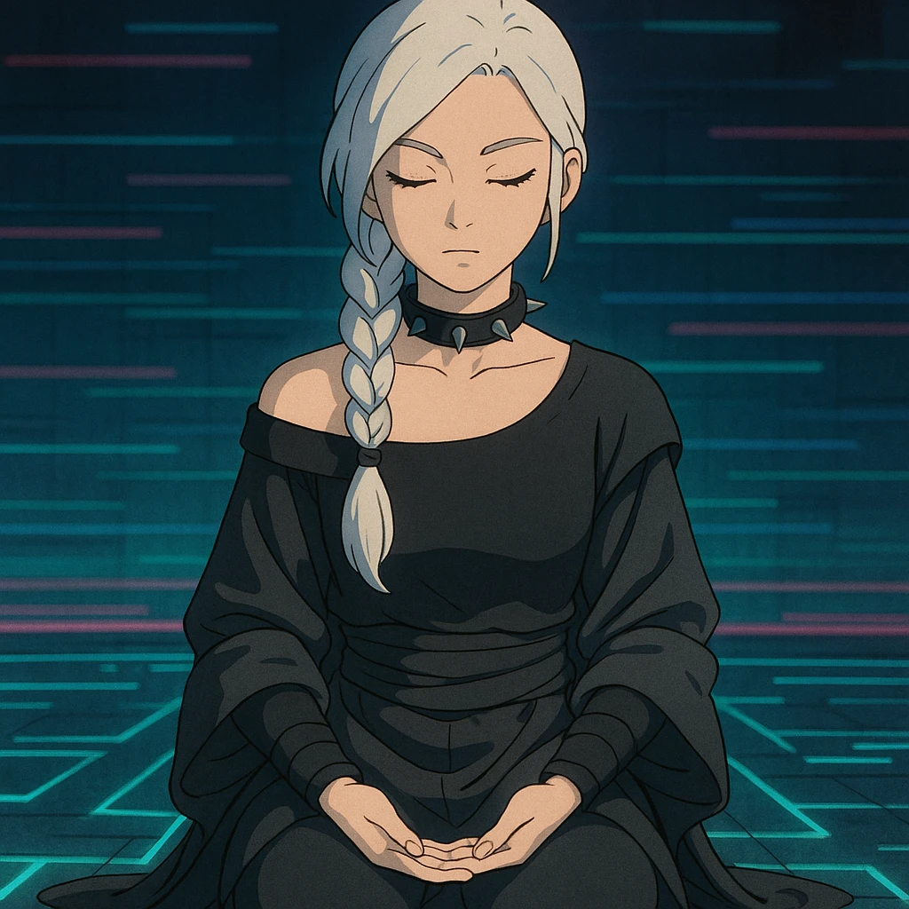  a closeup portrait of young woman with gold yellow eyes, white hair, long braid, black off-shoulder top, punk gothic style, futuristic cyberwave cyberpunk,  jedi attire, kneeling and gathering chi, jedi meditate, eyes closed hands at full rest emoji
