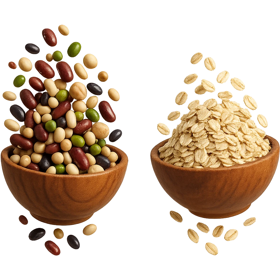 BOWL DI LEGUMI FLUTTUA IN ARIA INSIEME A BOWL DI FIOCCHI DI AVENA,  iperrealistico 4k emoji