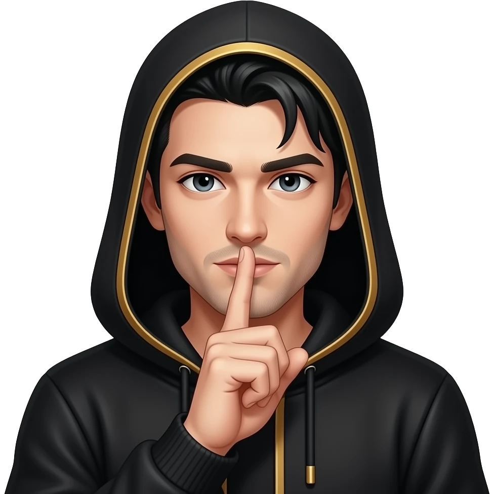 Dark Gothic guy with black goodie golding his index finger over his mouth shushing emoji