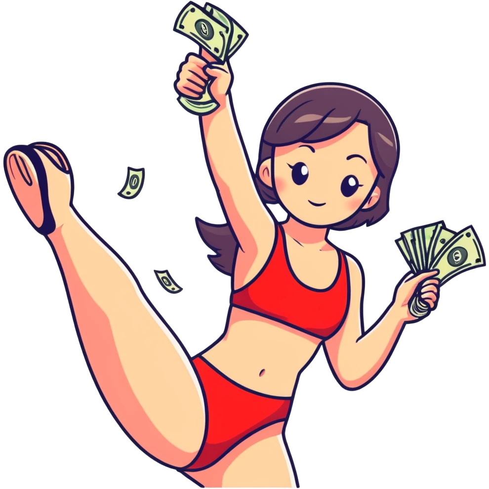 A girl in a red swimsuit shoots two guns with money into the air emoji