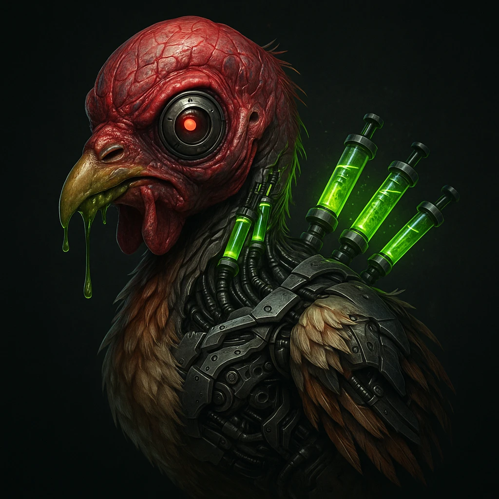 bio-engineered mutant chicken emoji hyperrealistic style, pulsating red head with veins, single bulging cyborg eye, deformed beak dripping green slime, half feathers and half exposed machinery body, glowing growth hormone injections in neck, dark sci-fi with neon green highlights emoji