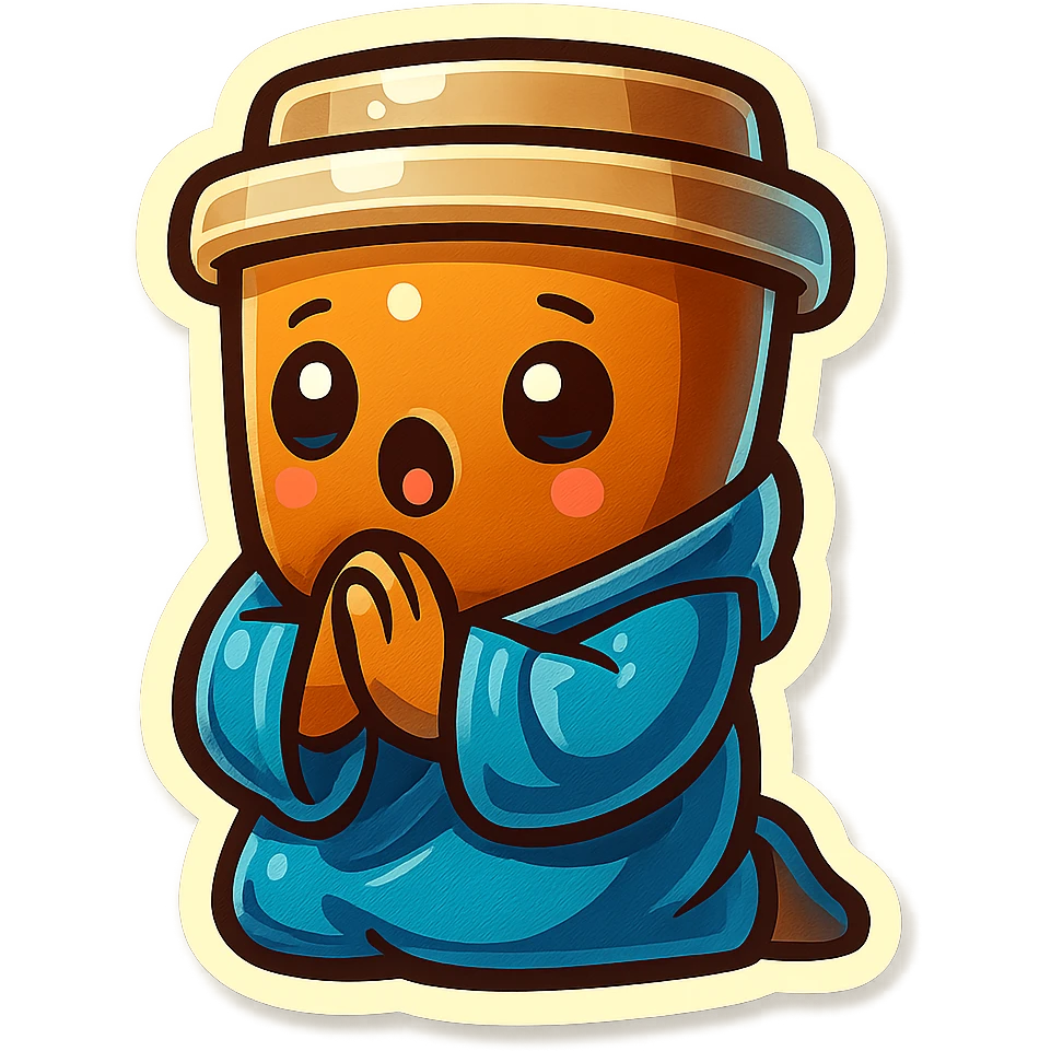 Tall coffee cup, bowing on knees, praying, worship, wearing soft blue monk robes emoji