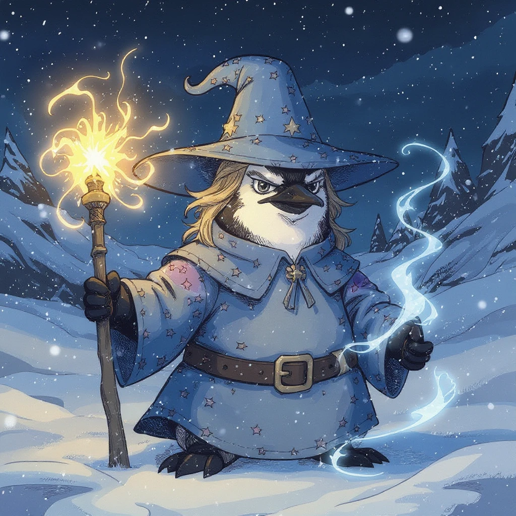 Transform the character into a penguin wizard in the Flux Kontext Pro style. Keep the dramatic pose and snowy background, but make the subject a penguin wearing a wizard hat and holding a magical staff, with mystical magical effects around the staff. emoji