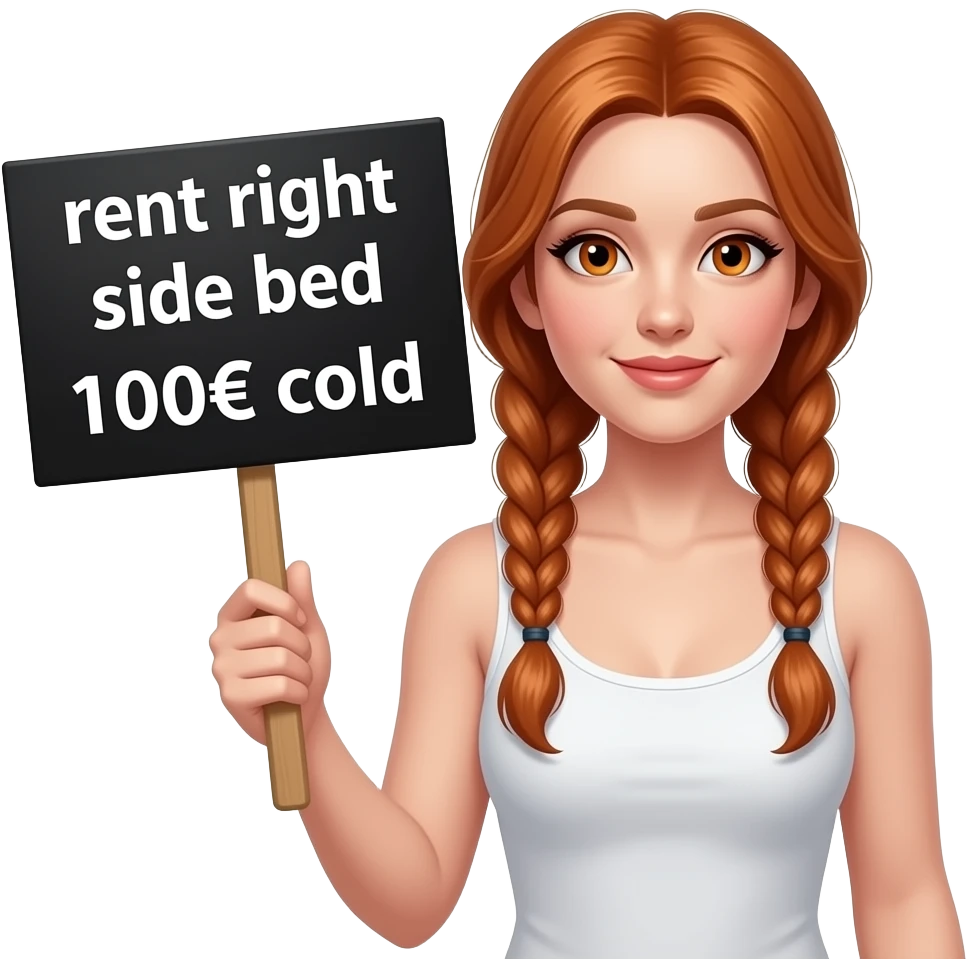 sexy girl with long ginger braids and ginger eyes wearing a white tanktop is holding a black sign with VERMIETE rechte Bettseite 100€ kalt written on it emoji