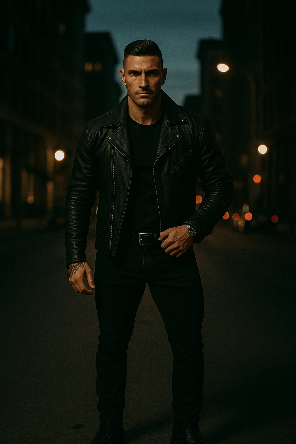 A confident, strong man standing in the middle of a city street at dusk, wearing a black leather jacket and boots, sharp jawline, intense gaze. Radiating masculine energy. Cinematic lighting, moody urban background, dramatic shadows, shallow depth of field. 35mm film style emoji