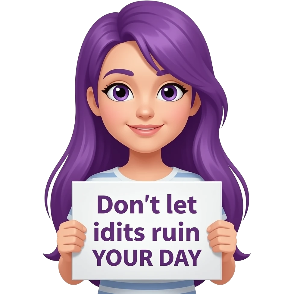 girl with long purple hair holding a Don't let idiots ruin YOUR DAY sign emoji