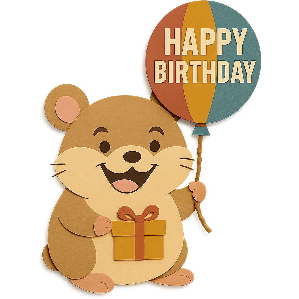 Add the other ear to the hamster on the opposite side, keep the ribbon on the gift box, happy expression, and colorful 'Happy Birthday' balloon emoji