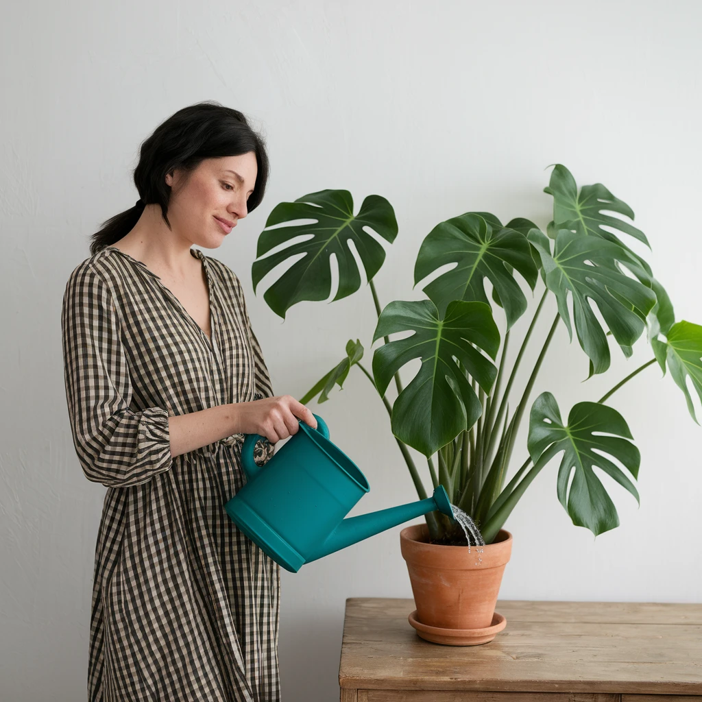 woman watering her monstera plant emoji