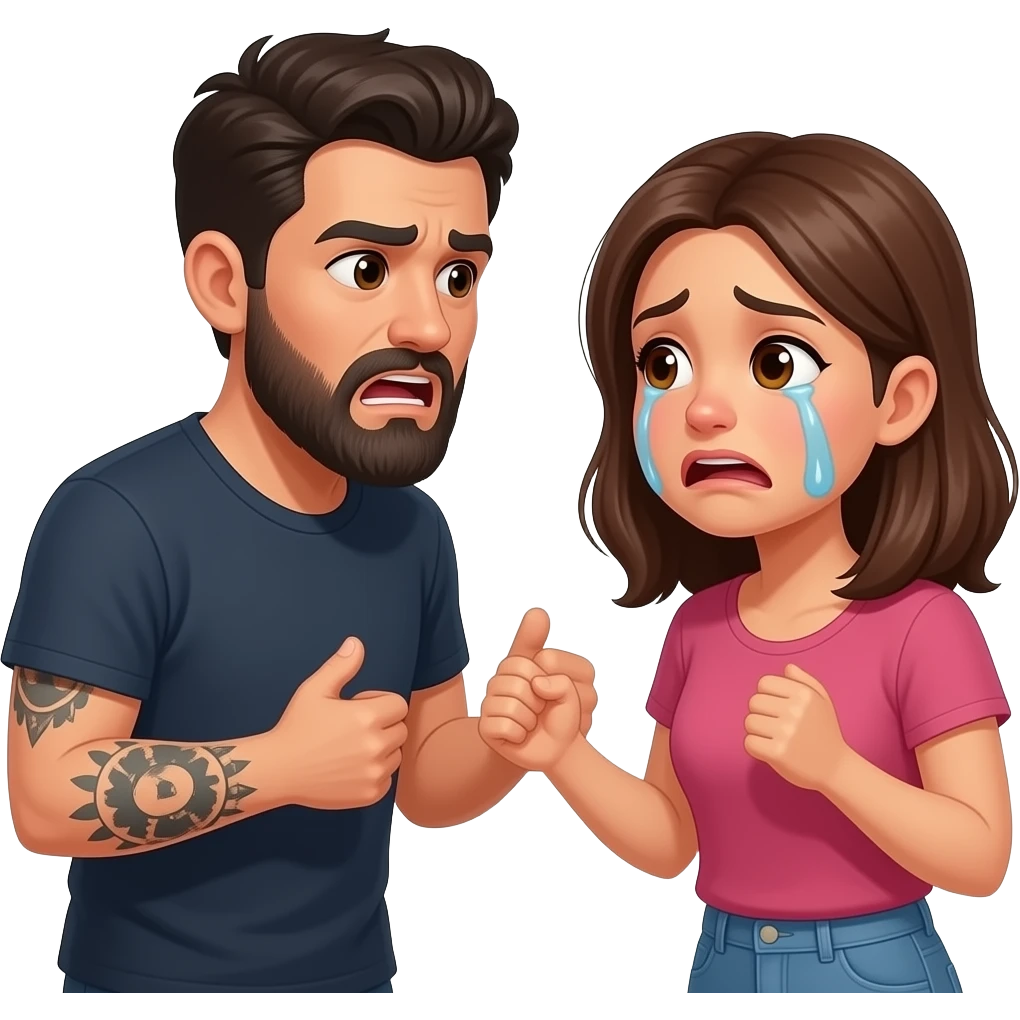 A really, really sad but they are always arguingLatino couple man has a beard, medium hair and tattoos and his wife is beautiful with hazel eyes and shoulder length brown hair and their relationship is broken and somebody’s always storming out of the house and the other one is left crying emoji