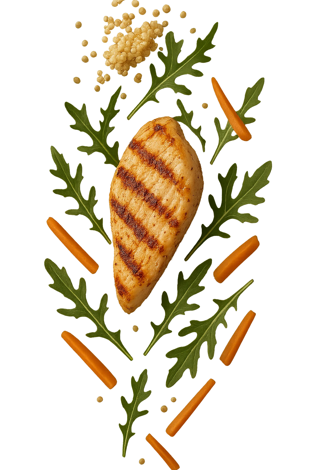 EMOJI STILE IPHONE DI quinoa e pollo con rucola e carote CHE CADONO VERTICALMENTE DALL'ALTO, iperrealistica 4k emoji