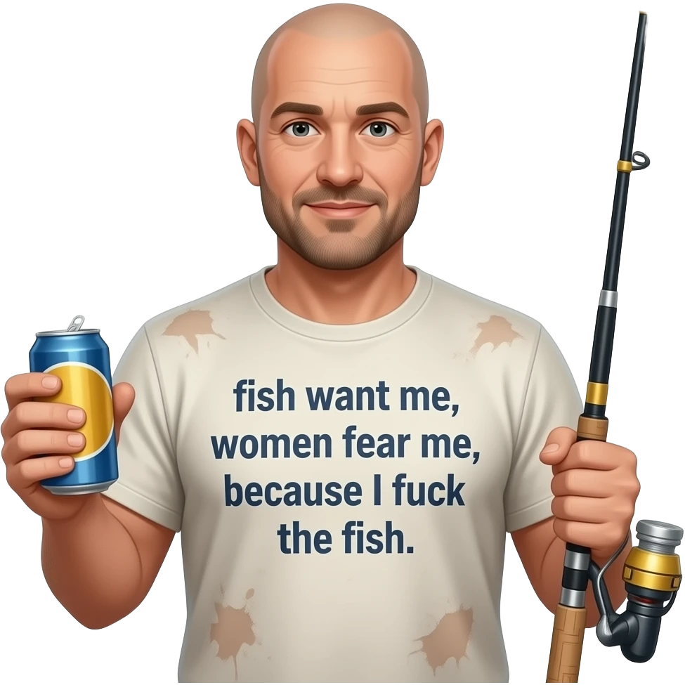 A 30 year old fisherman wearing a well-worn in t shirt that says “fish want me, women fear me, because I fuck the fish.” He has a beer can in one hand and a fishing rod in the other hand. Make him bald emoji