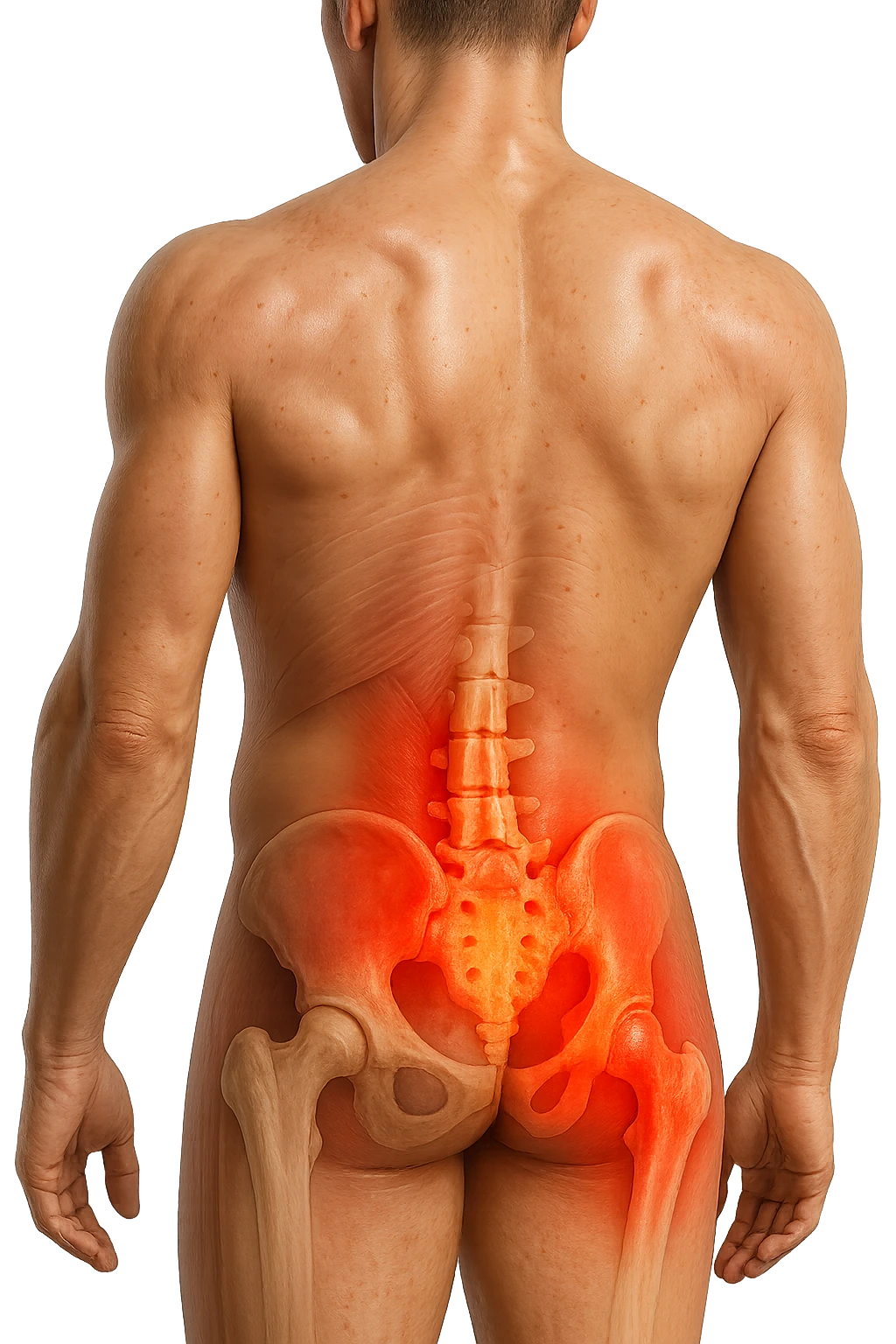 CORPO UMANO ANATOMICO REALISTICO DI SPALLE CON DOLORE ALLA LOMBARE INFIAMMATA, DOLORE ALL'ANCA, IPERREALISTICO 4K emoji