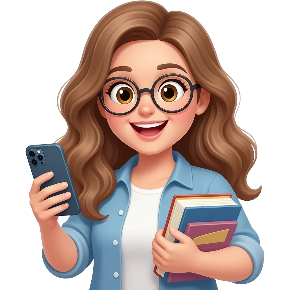 detailed emoji illustration of a curvy woman with long light brown wavy hair, light brown eyes and round glasses holding her phone while adding books to an online cart, excited shopping expression, cute emoji style emoji