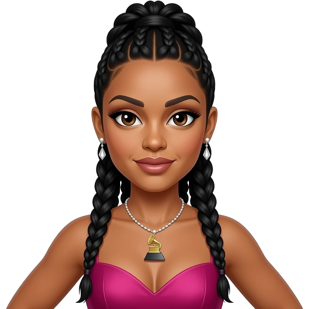 Lisa Left Eye Lopes from TLC with dark brown eyes, black high braided hair, magenta grammy dress, necklace and earrings emoji