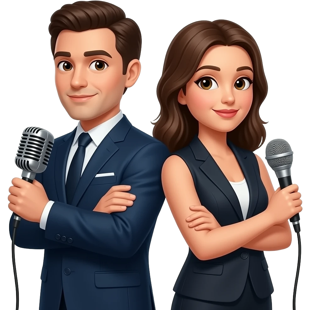 a man and a women with their backs togrther arms folded hosting with a mic and formal fit emoji