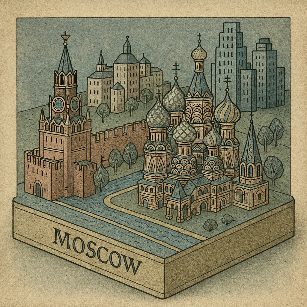 Изометричная миниатюрная 3D модель Москвы на подставке - фотореалистичный Кремль, собор Василия Блаженного, Сити, аккуратная детализация, яркие цвета мультяшный реализм, компактная композиция,  вид сверху в изометрии emoji
