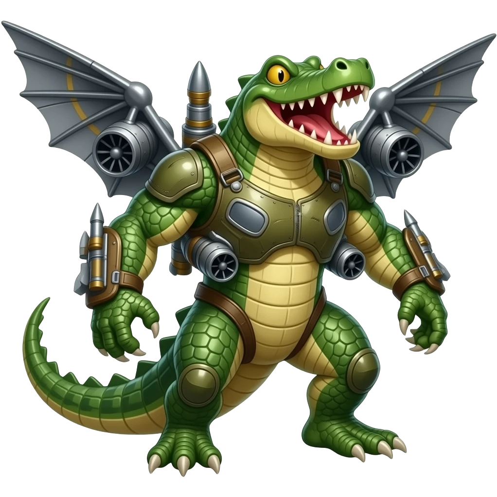 Surreal hybrid creature: a crocodile fused with a military bomber plane — green scaly body, metal wings, jet engines, and missiles. Aggressive grin, cartoon-realistic style, cinematic lighting no body emoji
