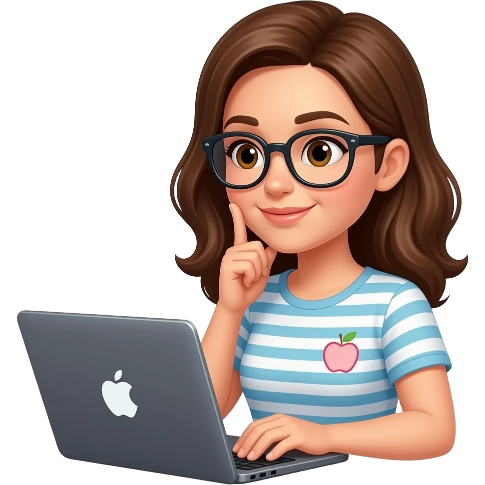 apple emoji woman brown hair with brown eyes and glasses thinking with her laptop emoji