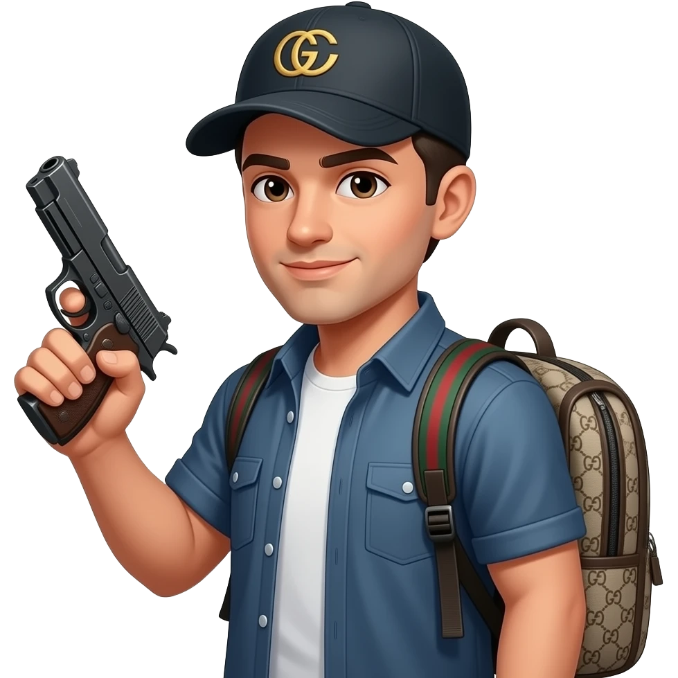 Un gars avc une casquette et une sacoche gucci un et pistolet emoji