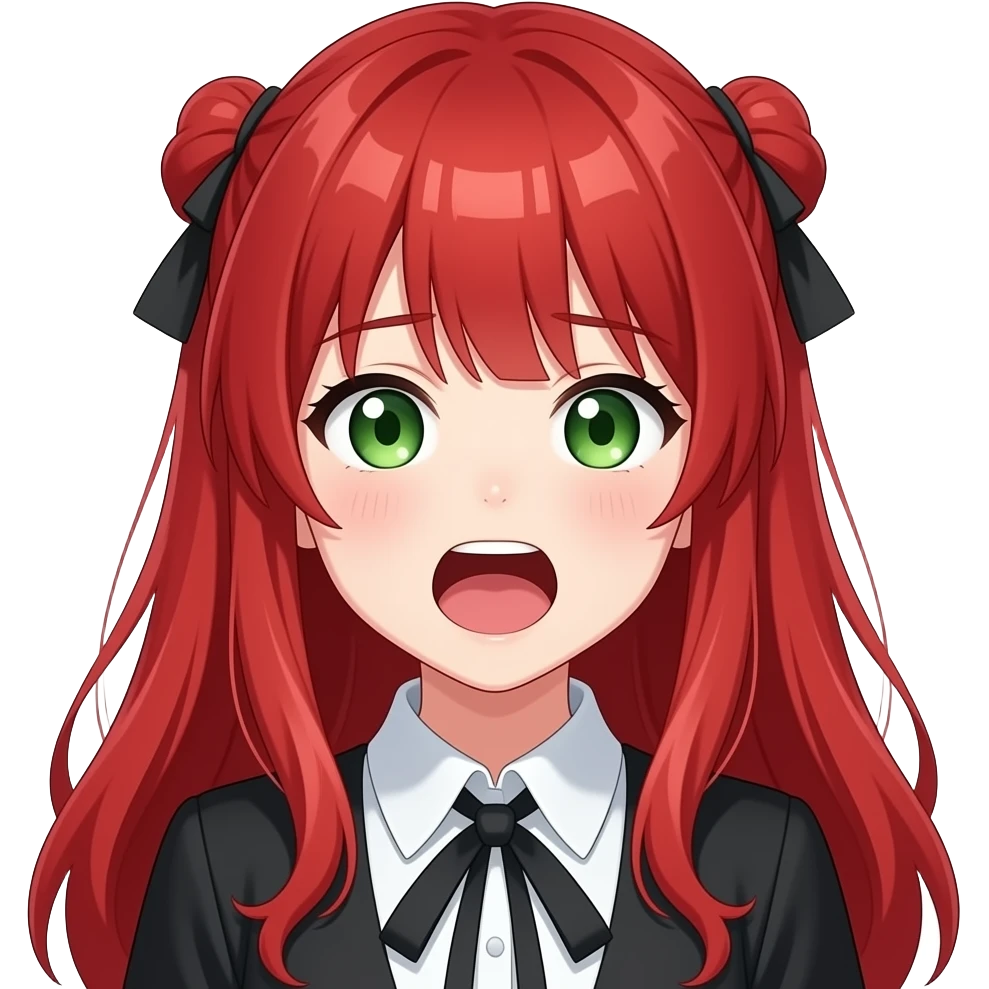 anime girl, hysterical, red hair, green eyes, black blouse with white collar emoji