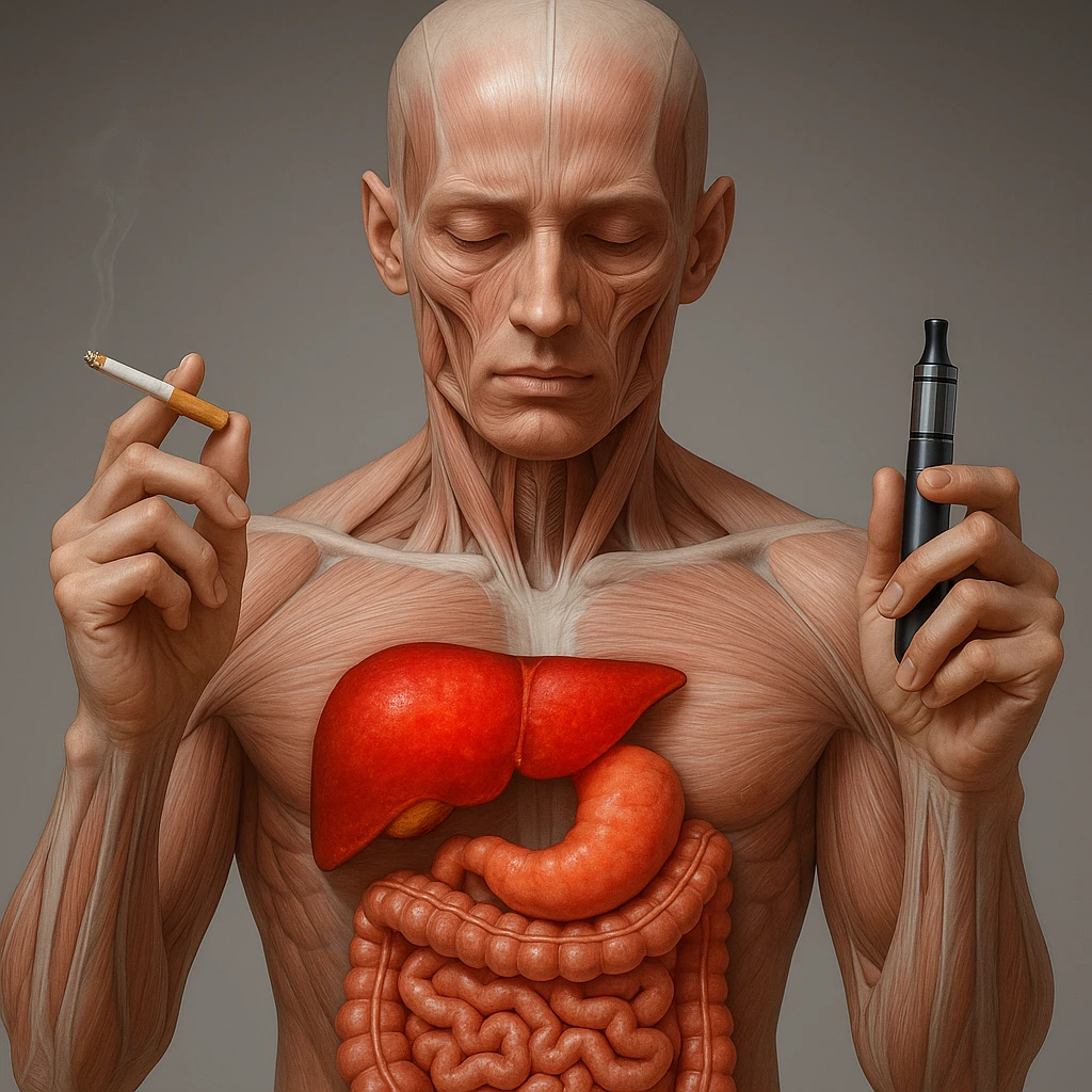 Medical illustration, hyperrealistic 4K, realistic anatomical human body, inflamed liver and intestine highlighted, holding a lit normal cigarette in the right hand and an electronic cigarette in the left hand, clear background, extremely detailed, same lighting and style as the reference image. emoji