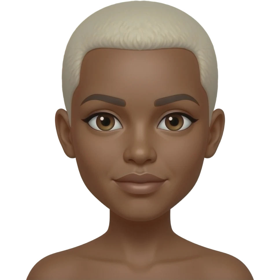 Black woman with a to the scalp hair cut shorter much shorter. Very very short .a platinum blonde color and a copper color skin tone emoji