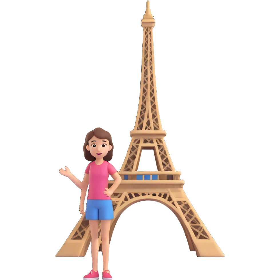 A girl standing near the Eiffel Tower emoji
